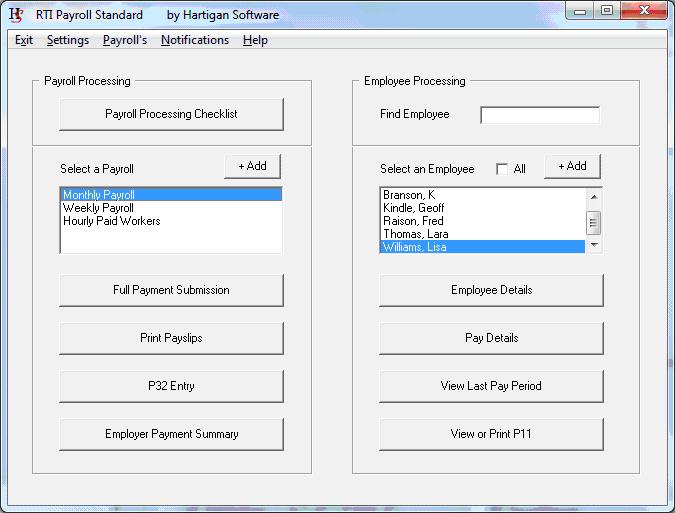 page header image showing RTI Payroll Standard Main Menu